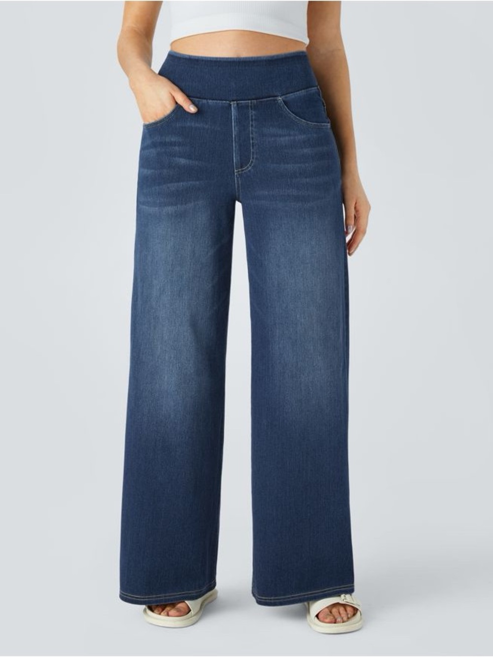 Halara Flex High Waisted Pull On Wide Leg Denim Jeans Blue SZ S NWT $50 MSRP